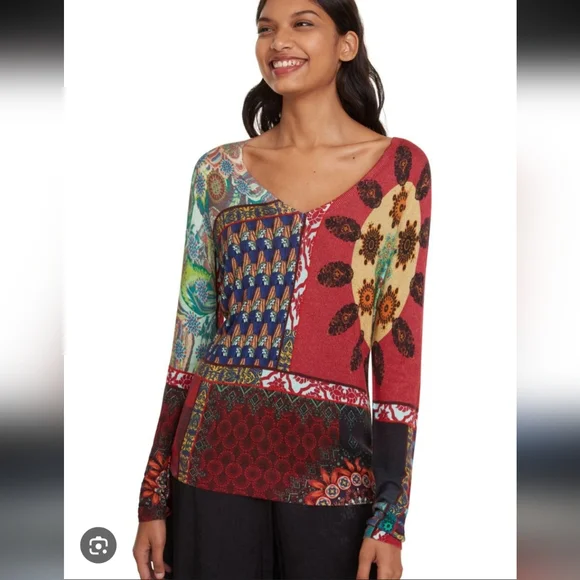 Desigual Cashmere Sweater “Michelle" Multicolor V-neck Long Sleeve Size L - Picture 11 of 13